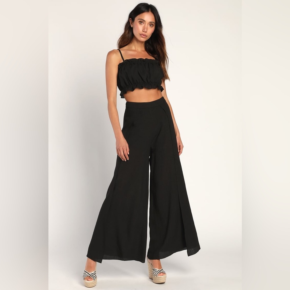 NWT Lulu’s Postcards From Me Black Ruffled Two-Piece Jumpsuit Set